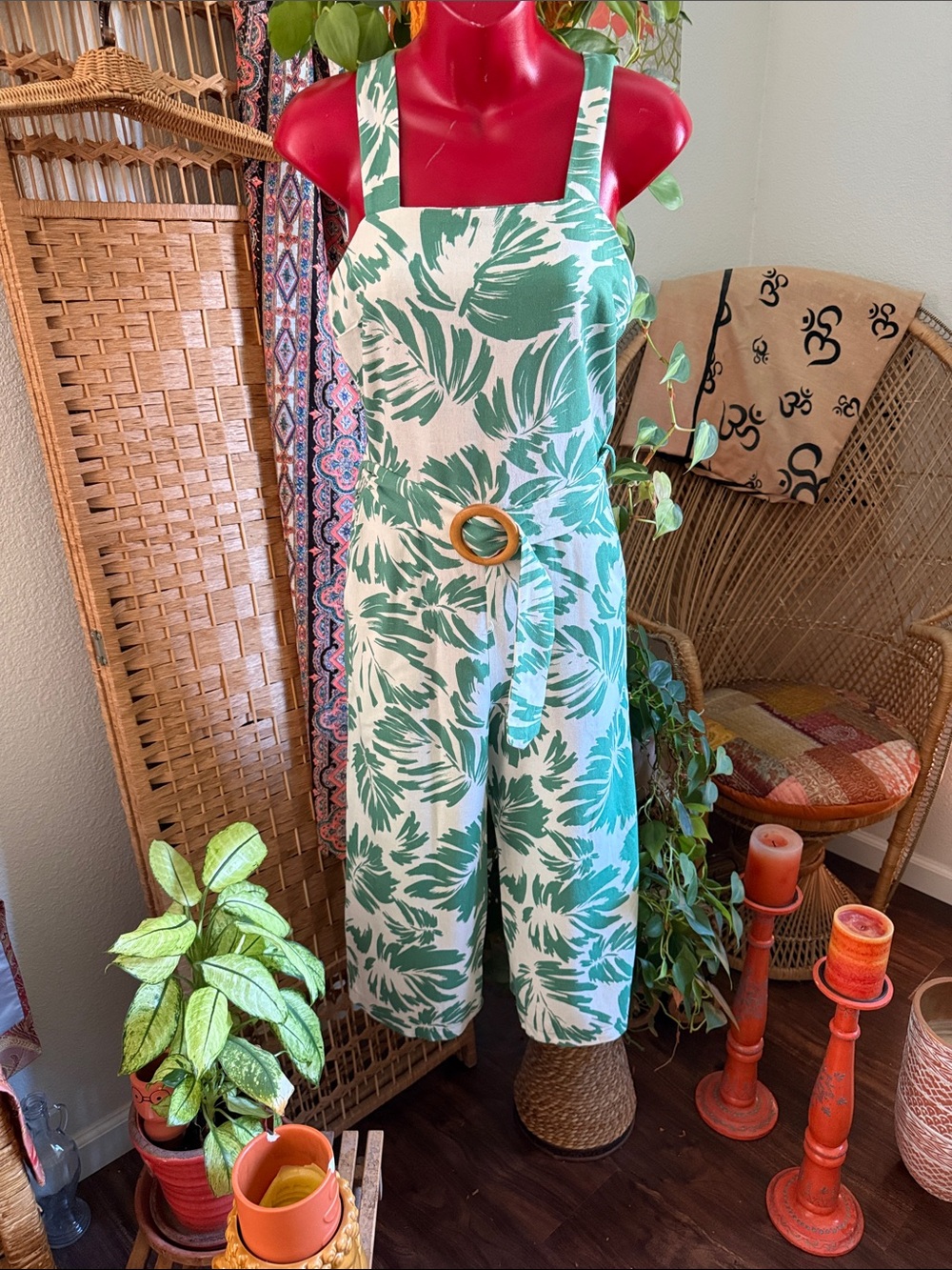 Monteau Green and White Tropical Print Jumpsuit with detachable Belt